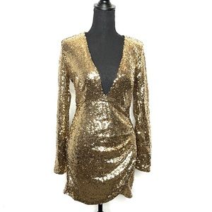 Xtaren Gold Sequins Cocktail Dress Party BodyCon Deep V-Neck